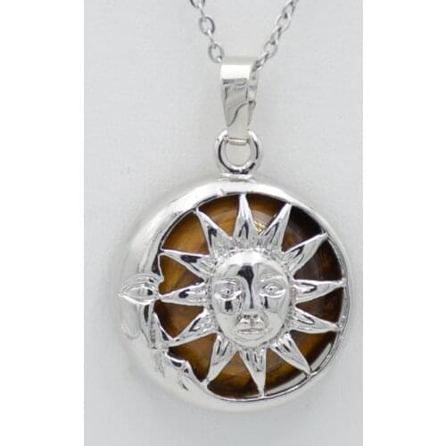 Moon Sun God Pendants & Necklaces Silver Color Box Round Natural Stone Crystal Beads Pink Quartzs Opal Women Men Jewelry Amulets