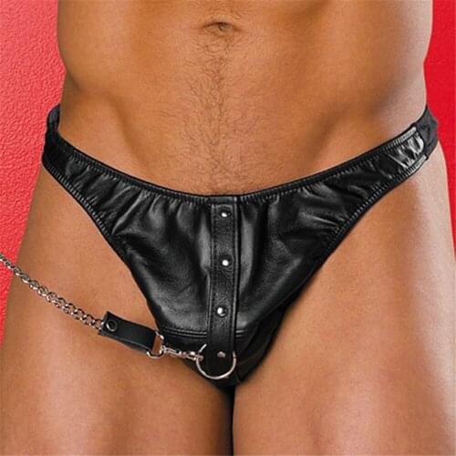 Faux Leather Sexy Lingerie Men Lingerie Chastity Belt Bdsm Bondage PU Underwear Male Sex Traction chain Toys for Couples