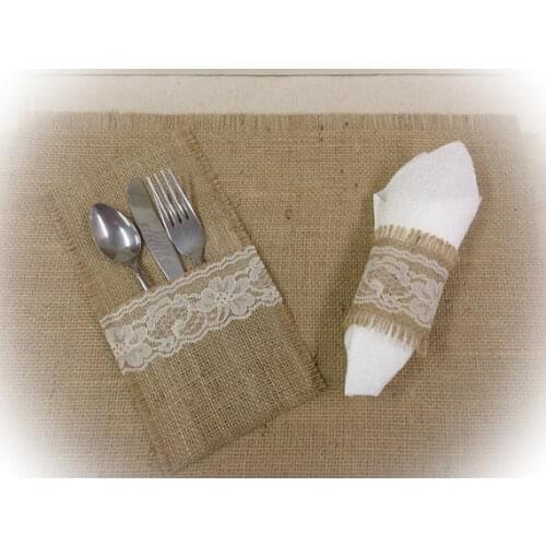 Rustic wedding silverware burlap cutlery holders & Lace Napkin ring Anniversary Christmas banquet party table decorations