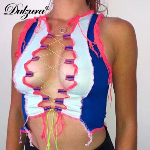 Dulzura patchwork lace up bandage cross tanks hot crop top hollow out sexy streetwear party clubwear camisole fashion 2020