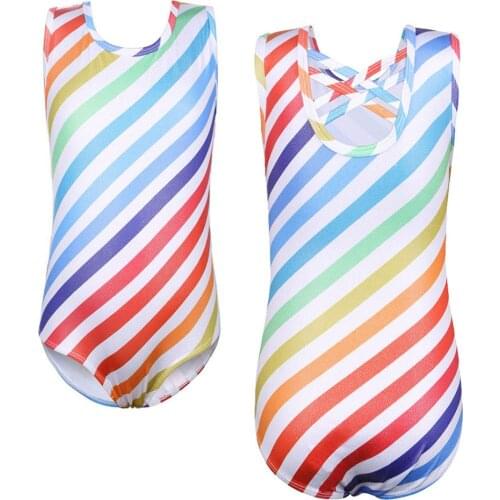 BAOHULU 3-14 Years Dancer Ballet Leotard Rainbow Lines Dance Biketard Sleeveless Gymnastics Leotard Ballerina Train Ballet Dress