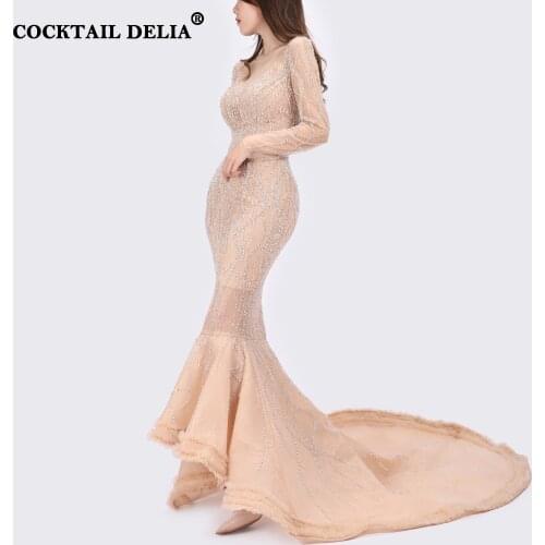 Nude O-Neck Chapel Train Evening Dresses 2021 Dubai Mermaid Luxury Elegant Ceremony Prom Dresses Long Sleeves Beading For Muslim