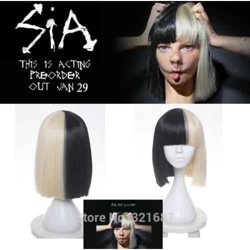 High Quality Cosplay Wig Sia Alive This Is Acting Half Black and Blonde Short Straight Chrismas Party Wigs Hair + Wig Cap