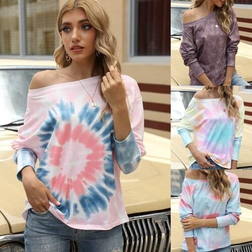 Womens t-shirt Tie Dye Print Long Sleeve Slash Neck Cotton Casual Tops Autumn Fashion Female Tops tee shirt femme streetwear