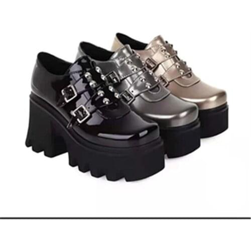 2021 Fashion Rivets Creepers Platform Shoes Gothic Chunky Heel Women Shoes High Heel Gold Silver Patent Leather Plus Size 43