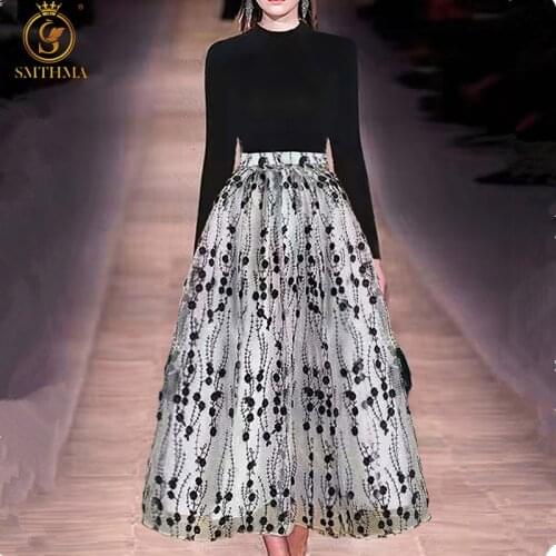 SMTHMA New Fashion Two Piece Set For Women Long Sleeve Black Knit Top +High Waist Mesh Embroidered Skirt Suit Female Clothes
