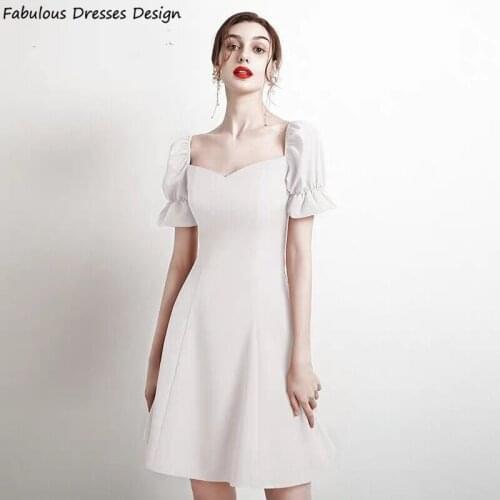 White Short Mini Prom Dresses Short Sleeve Satin A Line V-neck Backless Dress Women Party Night Vestidos largos de fiesta