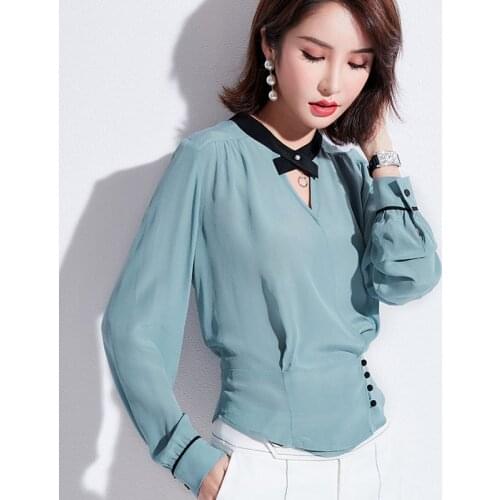 Spring Fall Fashion Women Office Lady Patchwork Slim High Waisted Slim Blue Blouse Shirt , Autumn Woman Korean Chiffon Blouses