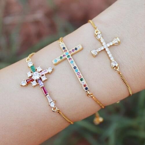 Bohemian Puka Gold Filled Bracelet Girls CZ Rainbow Cross Tennis Bracelet Gold Beach Jewelry Bangles pulseras mujer