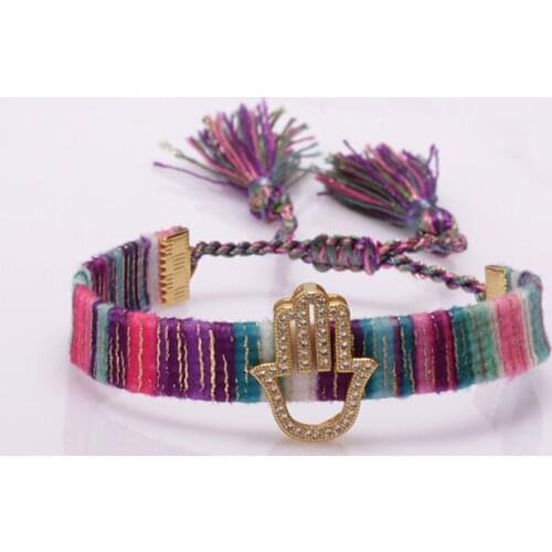 Ethnic bohemia soft cotton silk tassel band mix cz pave Fatimas Hand luck protection charm adjustable bracelets for woman 2020
