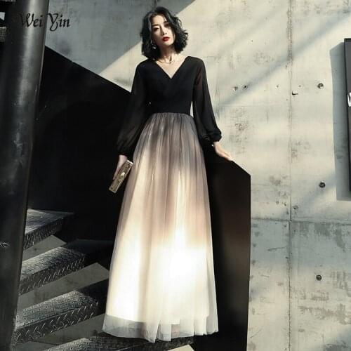 Black Evening Dresses Long 2020 New Arrival V-neck Long Sleeve Sexy Long Party Gowns