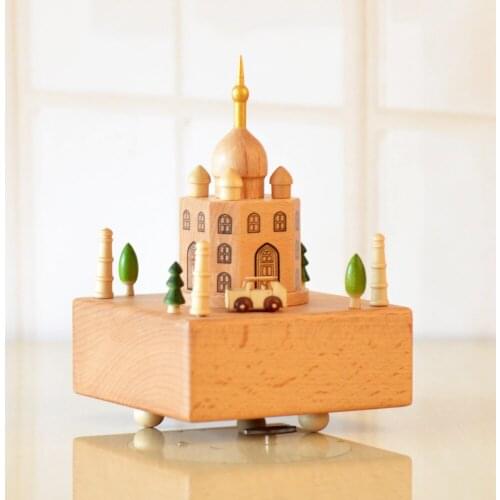 Wooden Music Box Taj Mahal Manual Clockwork Music Box Creative Wood Crafts Home Decoration Accessories India Souvenirs Gift