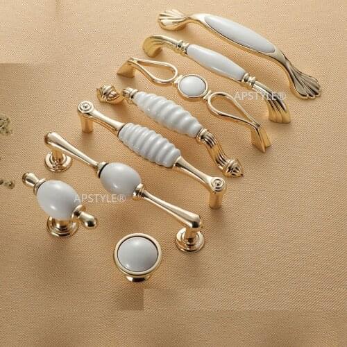 European Fashion Diamond Cupboard Drawer Handle Cabinet Kitchen Pull Gold Ivory White Zinc Alloy Ceramic Furniture Door Knob