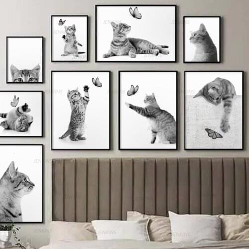 Canvas Painting Black White Funny Cat Butterfly Animals Pet Art Nordic Posters and Prints Wall Picture for Living Room Decor