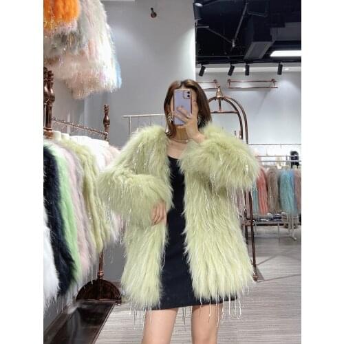 Girls fashion genuine real natural Raccoon Fur Coat womens dream Luxurious jacket Sequin tassel outwear