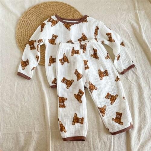 Autumn Baby Boy Clothes Set 2021 New Bear Print Long Sleeve Tops + Pants Children 2pcs Suit Kids Girls Cartoon Sweatshirt Set