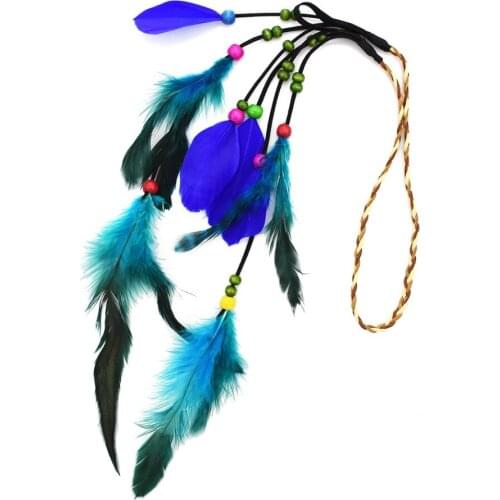 Boho Ethnic Halloween Multicolor Blue Feather Headband Women Hippie Festival Wedding Gypsy Rope Crown Headdress Hair Accessories