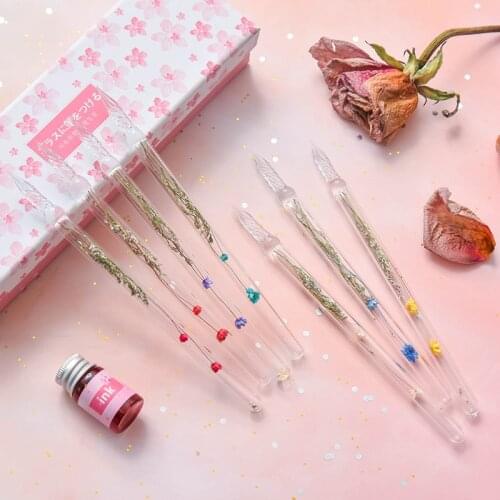 Aesthetic Glass Fountain Pen Transparent Flower Dip Pen For Writing Graffiti Gift Stationery School Supplies Dropshipping