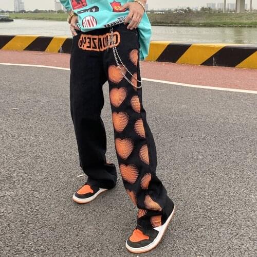 Love Pattern Print Letter Straight Mens Denim Trousers High Street Retro Loose Oversize Casual Jeans Pants Hip Hop Baggy Jean