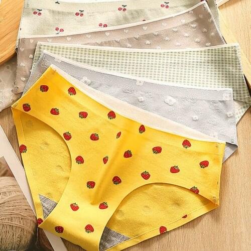 Seamless Cartoon Fruit Pattern Panties Women Cotton Briefs Underwear Lattice Print Soft Breathable Students Underpants