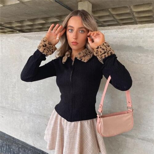 Leopard Furry Patched Ribbed Knit Womens Autumn Y2K Jackets With Fur Warm Winter Female Fad Long Sleeve Coat Zip Up Outwear