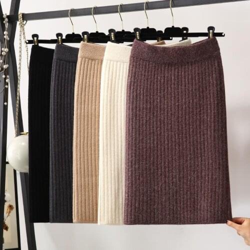 Midi Knitted Skirt Womens Elastic High Waist Solid Color Autumn Winter 2021 Fashion Sweater Skirts Jupe Femme Y730