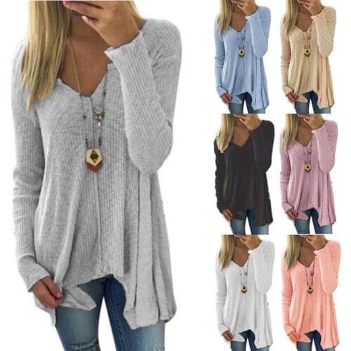 Casual Women Solid Color V Neck Irregular Hem Knitwear Loose Pullover Sweater Oversized Sweatshirt