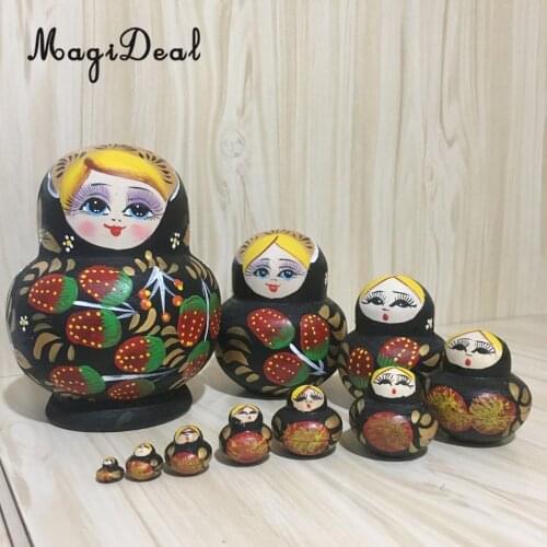 10Pcs/Set Strawberry Patterns Wooden Russian Nesting Dolls Stacking Matryoshka Toy Home Office Decoration Birthday Gift