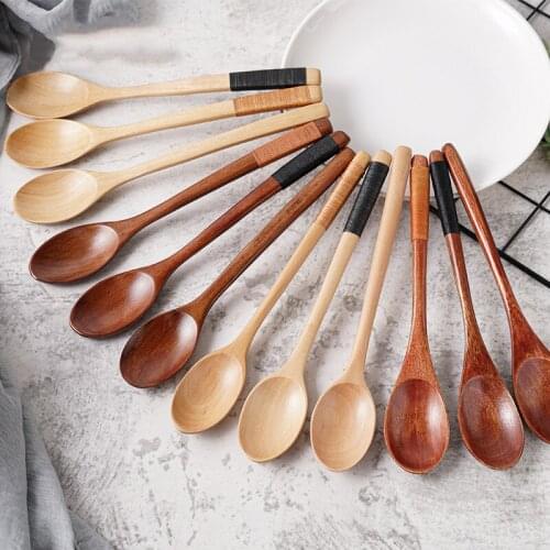 2Pcs Natural Wooden Spoons Handmade Home Tableware Rice Soup Dinnerware Cereal Cutlery Breakfast Tableware Kitchen Utensils