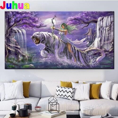 Diamond Painting Jungle Fantasy Tiger Girl Landscape Mosaic Full Square Round Diamond Embroidery Animal Woman Pictures Home Deco