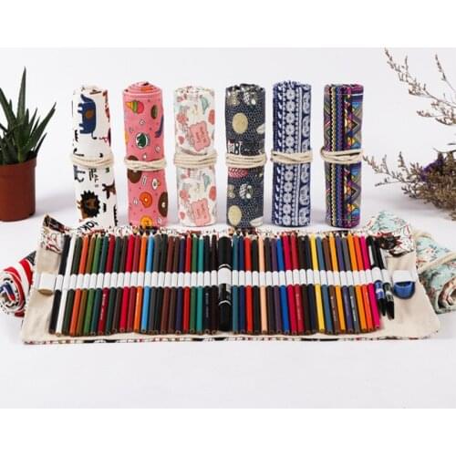 Pencil Case 24 Holes School Supplies Art Pen Bag Pouch Canvas Pen Wrap Roll Makeup Cosmetic Brush Pen Storage Stationery Student