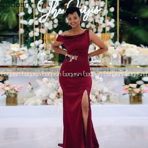 Elegant Burgundy Bridesmaid Dresses Mermaid Black Girls Leg Slit Long Wedding Party Dress Celebrity Plus Size