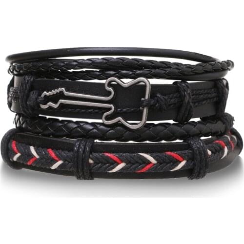 IFMIA Fashion New 4 Pcs/set Guitar Cross Leaf Charm Weave Leather Men Bracelets For Women Homme Femme Male Jewelry Wholesale