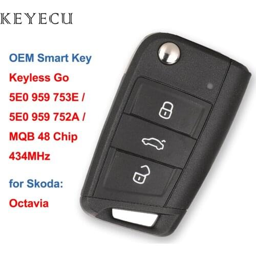 Keyecu Keyless Go Smart Remote Car Key Fob 434MHz MQB 48 Chip for Skoda Octavia FCC ID: 5E0 959 753E, 5E0 959 752A