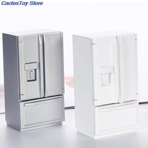 1/12 Dollhouse Miniature Kitchen White Sliver Wooden Fridge Refrigerator Freezer for Dolls Bedroom Living Room Kids Toy Acces