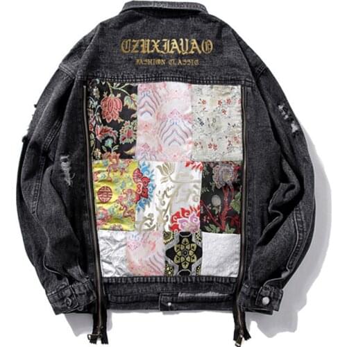 Streetwear Denim Jacket Men Women Unisex Vintage Pattern Hole Side Zipper Hip Hop Harajuku Korean Japan Style Rock Jeans Jacket
