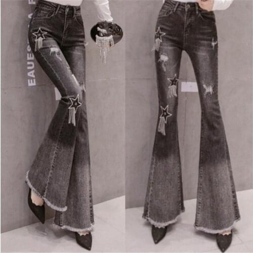 Fashion Trend Jeans Hot Rhinestone Tassel Micro Horn Long Pants Casual Hole Cowboy Pants 2020 New High Waist Denim Pants 3XL