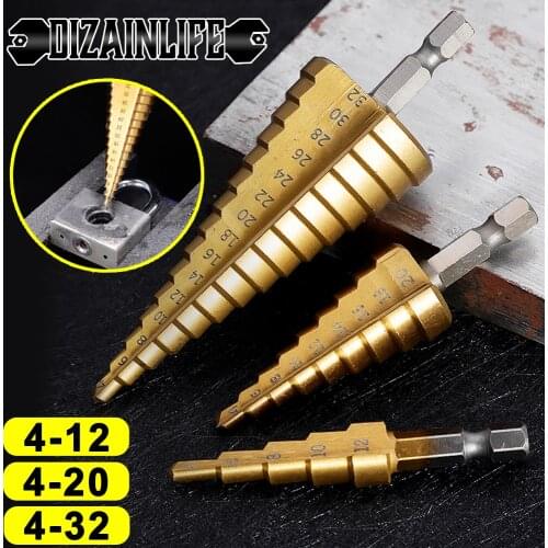 HSS Straight Groove Step Cone Drill Bit Set 3-12 4-20 4-22 4-32 Titanium Coated Stepped Drill for Metal Center Hole Cutter Tool