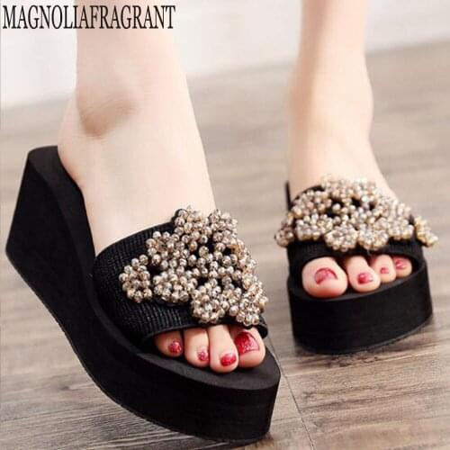 New women shoes Outdoor Women Slippers Wedges Rhinestone Heel Ladies Beach -Flip Flops sandalias de verano para mujer hy 102