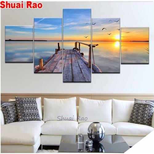 Full drill square round diamond painting 5 Panel Seagull sunrise landscape,DIY diamond rhinestones diamond embroidery