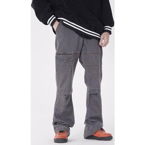 Retro Personality Straight Flared Jeans Mens Hip-hop Loose Wide-leg Denim Trousers High Street Oversize Washed Cargo Pants