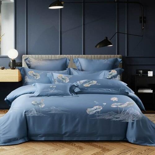 Luxury Tencel Cotton Embroidery Bedding Set High Density Satin Duvet Cover Set Bed Linen Pillowcase Home Textile King Queen Size