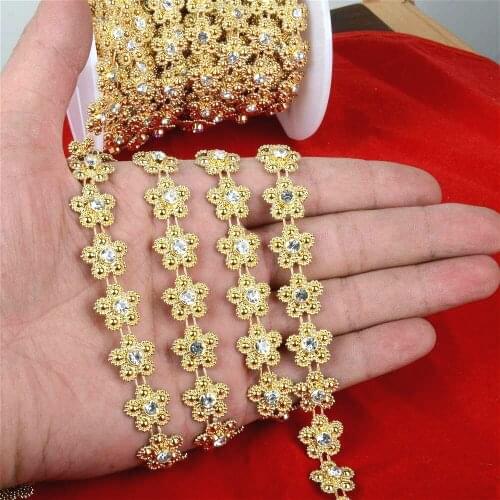 1YD/2YD 17/32" Width Gold Pearl Flower Rhinestones Chain Trims Costume Applique Sewing
