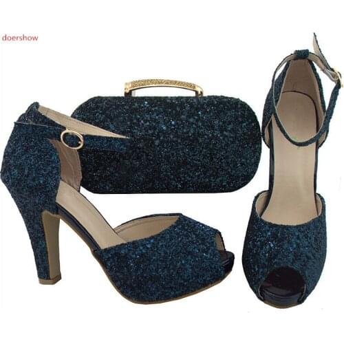 DoershowDBLUE In Women Matching Shoes and Bag Set Decorated with Rhinestone Party Shoes and Bag Sets Italy Shoes and Bag WR1-10