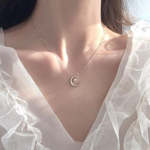Evimi 925 Sterling Silver Charm Chain Necklace for Women New Fashion Shiny Moon Pendant Clavicle Chain Bride Jewelry Gifts
