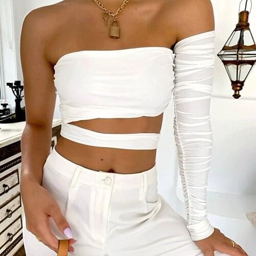 Women Cut Out T-shirt Strapless Single Long Sleeve Top Ladies Bodycon Casual Tee Shirt Sexy Y2K Clothes 2021 Summer Crop Tops