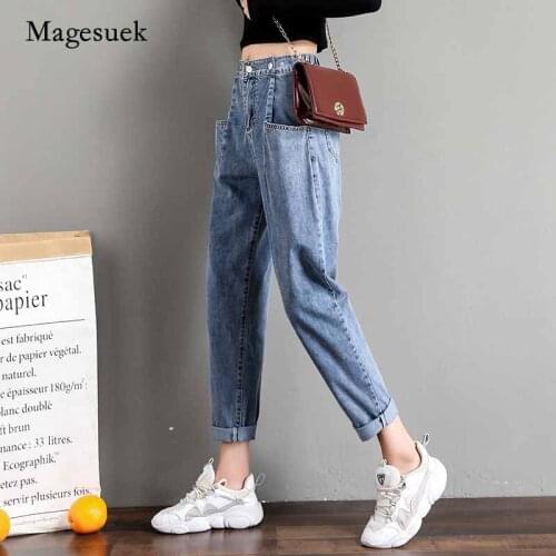 Women Jeans 2020 Autumn High Waist Jeans Fashion Loose Casual Cotton Harem Denim Trousers Office Lady with Multi-Pockets 10730