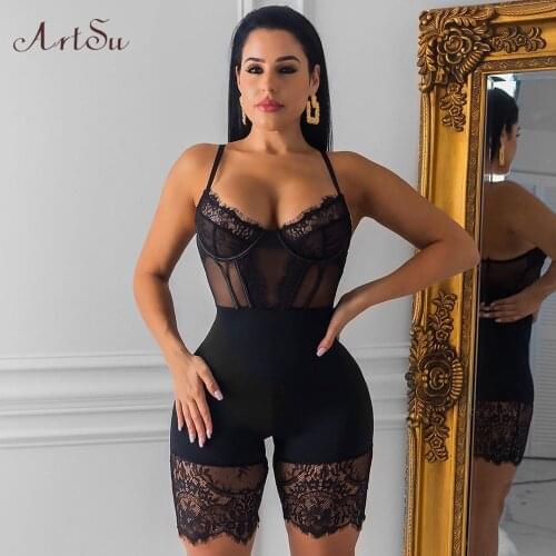 Artsu Spaghetti Straps Lace Playsuits Sexy Bodycon Jumpsuit Party Club Short Romper Women Sleeveless Body Mujer ASJU60728