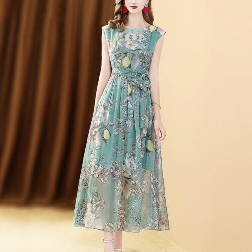 Only Plus Summer Printed Beach Long Dress Sleeveless Women 2021 Floral Chiffon Maxi Dresses Vintage Summer O Neck Elegant Dress