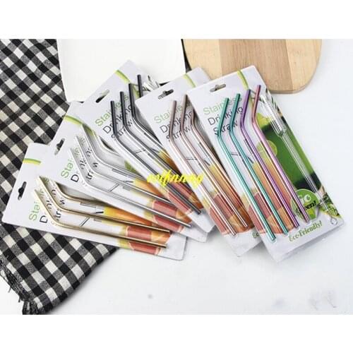 100sets/lot 6mmx215mm Colorful 304 Stainless Steel Straws Bent & straight Drinking Straw 4pcs straw +1pcs brush retail package